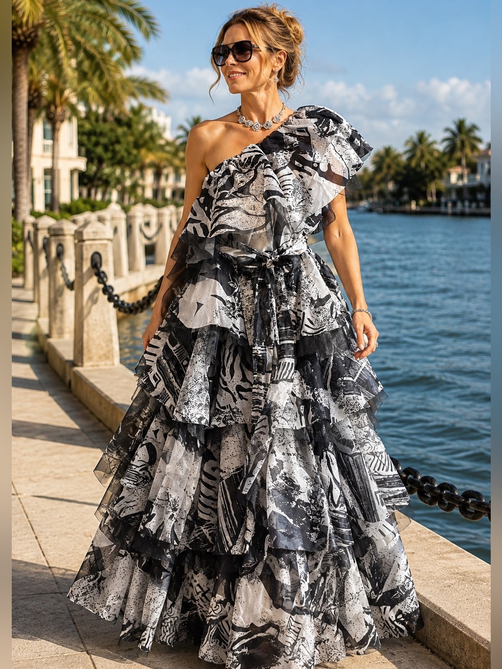 Elegant One-Shoulder Black & White Ruffle 2piece Maxi skirt set